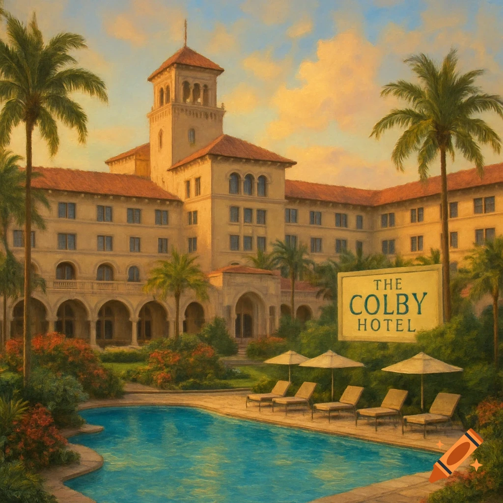 A painterly view of a resort hotel with a swimming pool, lounge chairs, and palm trees.