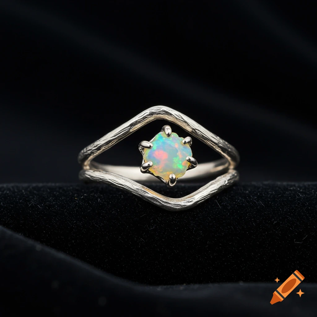 Realistic close-up photo of an asymmetrical silver ring with a raw opal gemstone and a twisted band on dark velvet.