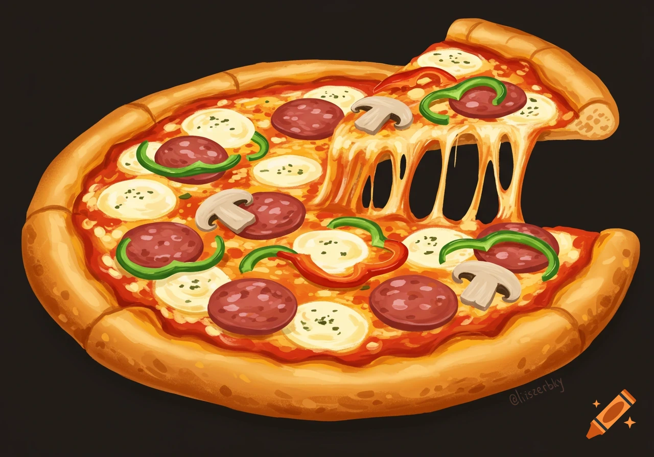 Illustration of a pizza with pepperoni, mushrooms, peppers, and a melted cheese pull