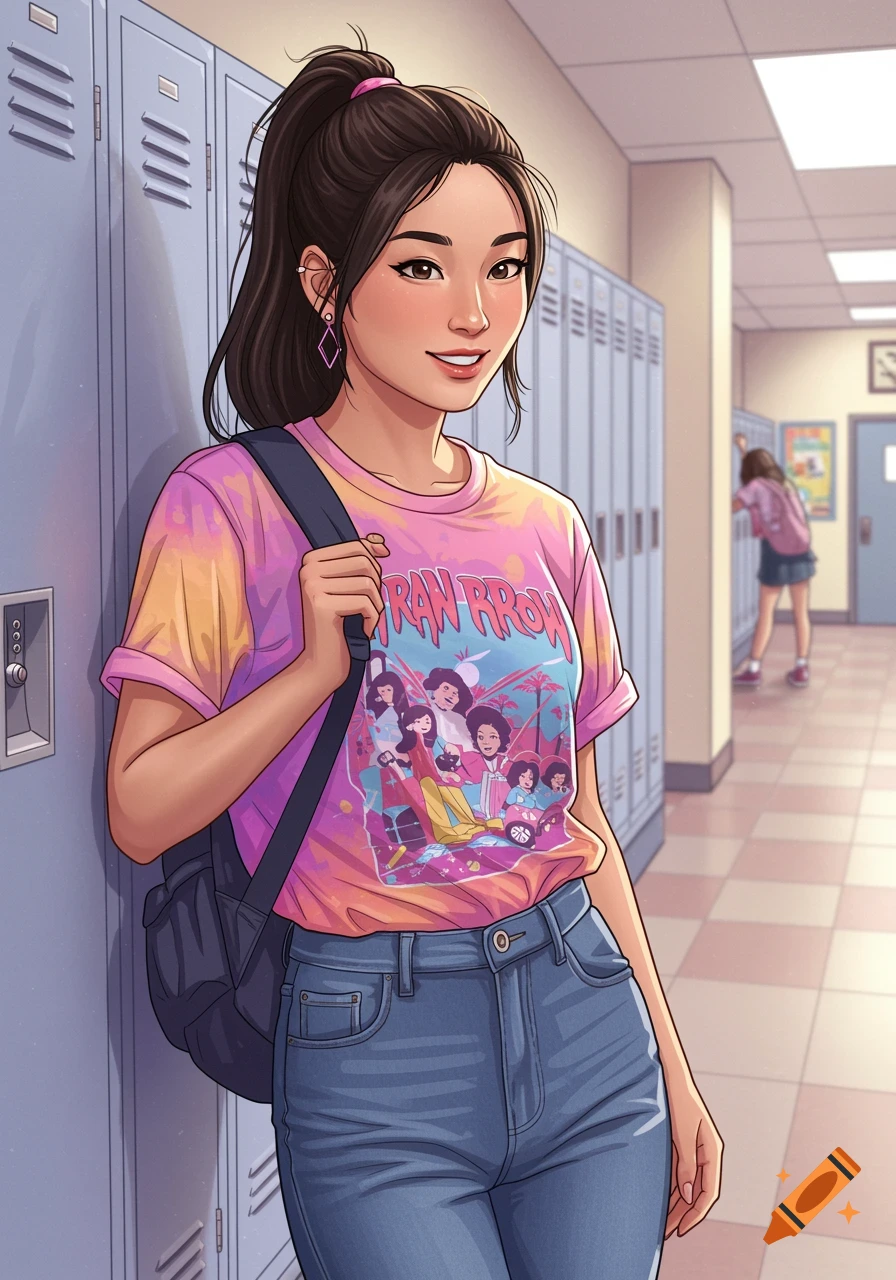 Illustration of a high school girl leaning against lockers in a hallway.