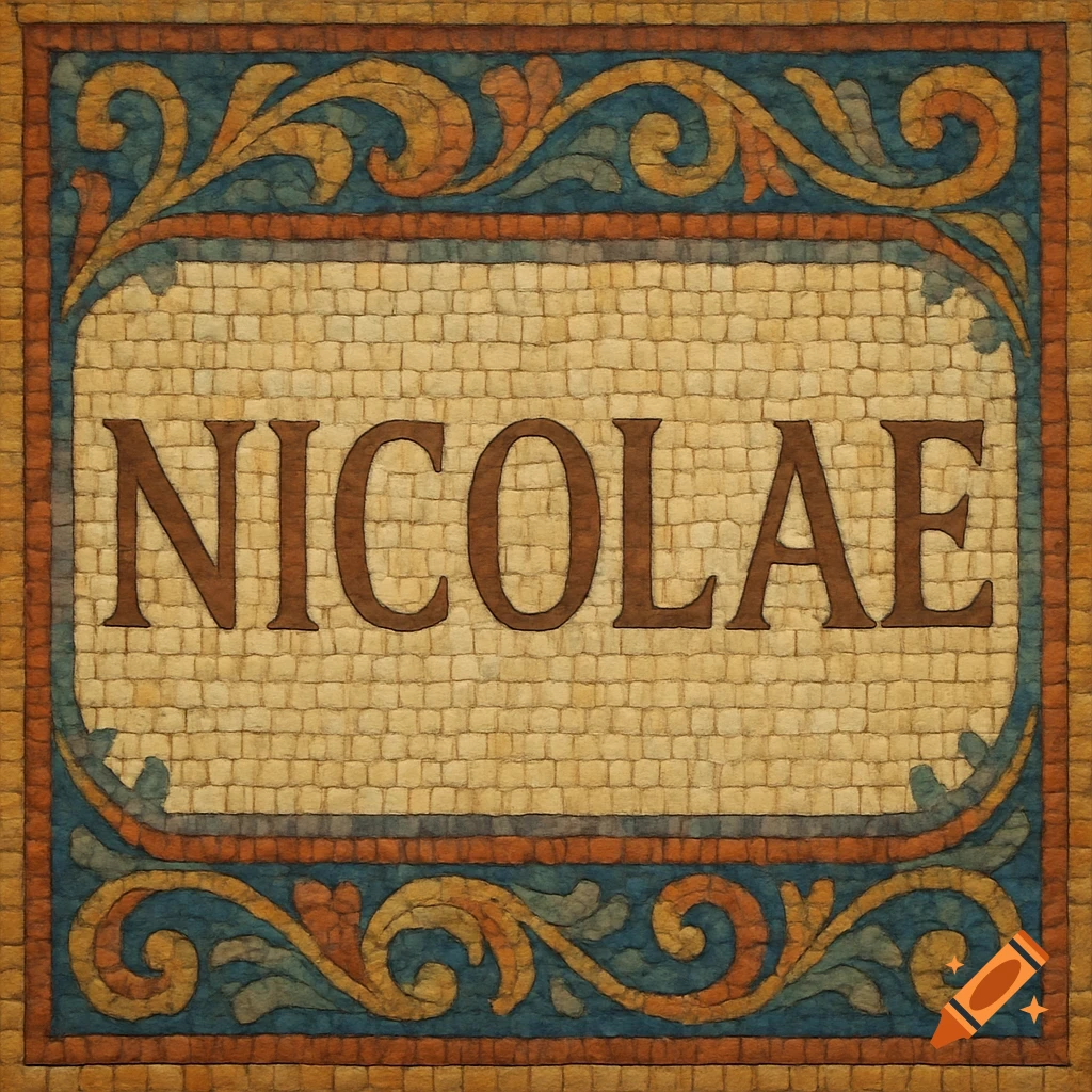 Mosaic tile with the name NICOLAE and a decorative border