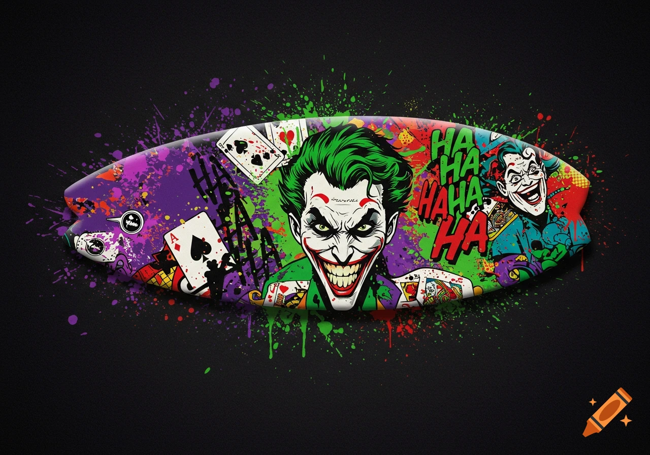 Stylized artwork of The Joker on a surfboard with paint splatters and playing cards.