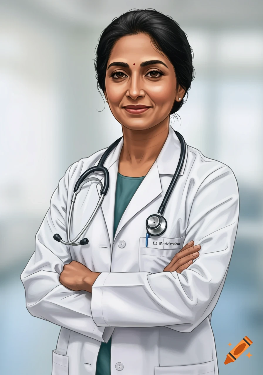 Stylized portrait of a woman doctor with crossed arms wearing a lab coat and stethoscope.