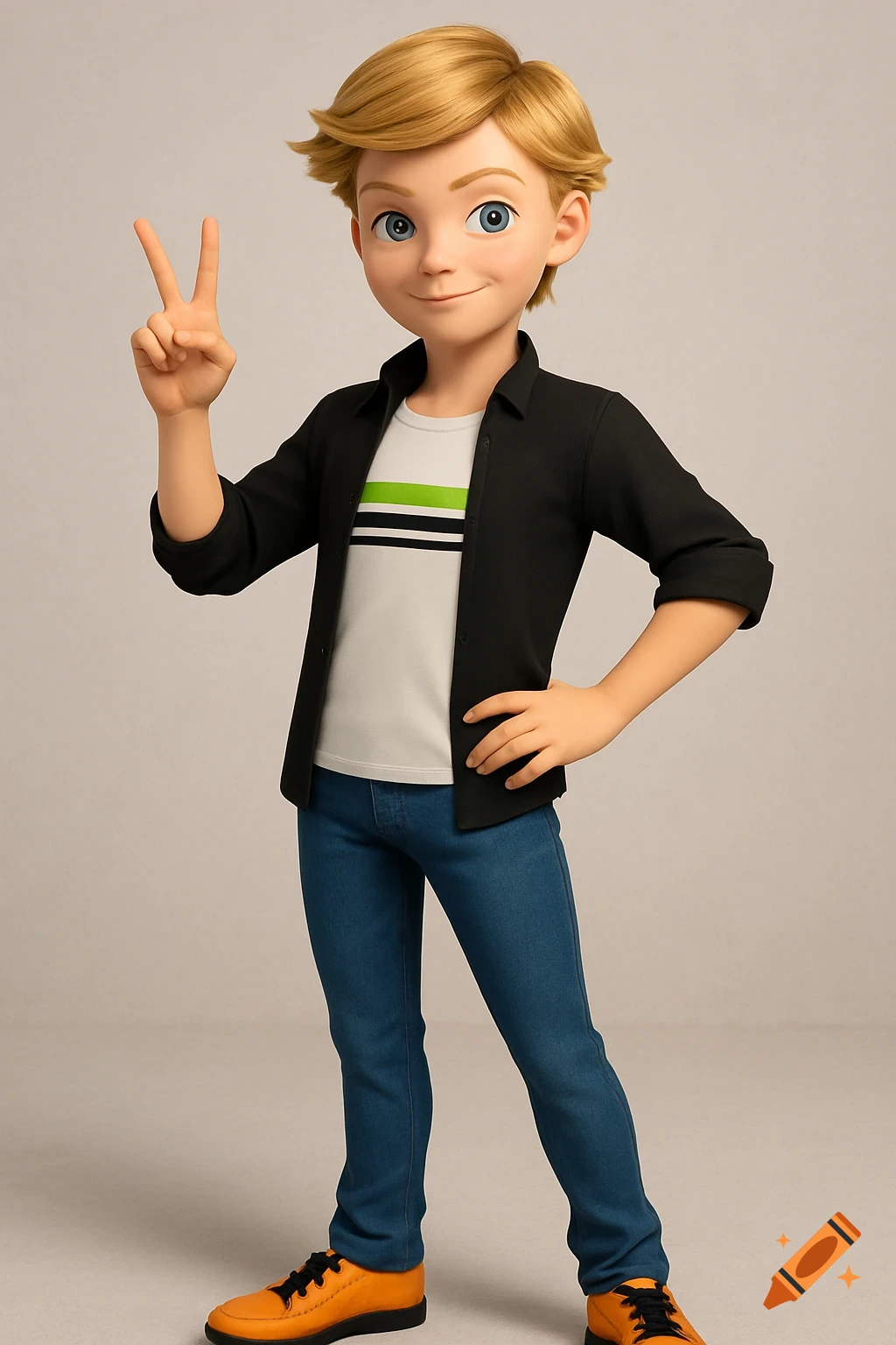 3D render of Adrien Agreste from Miraculous Ladybug making a peace sign.