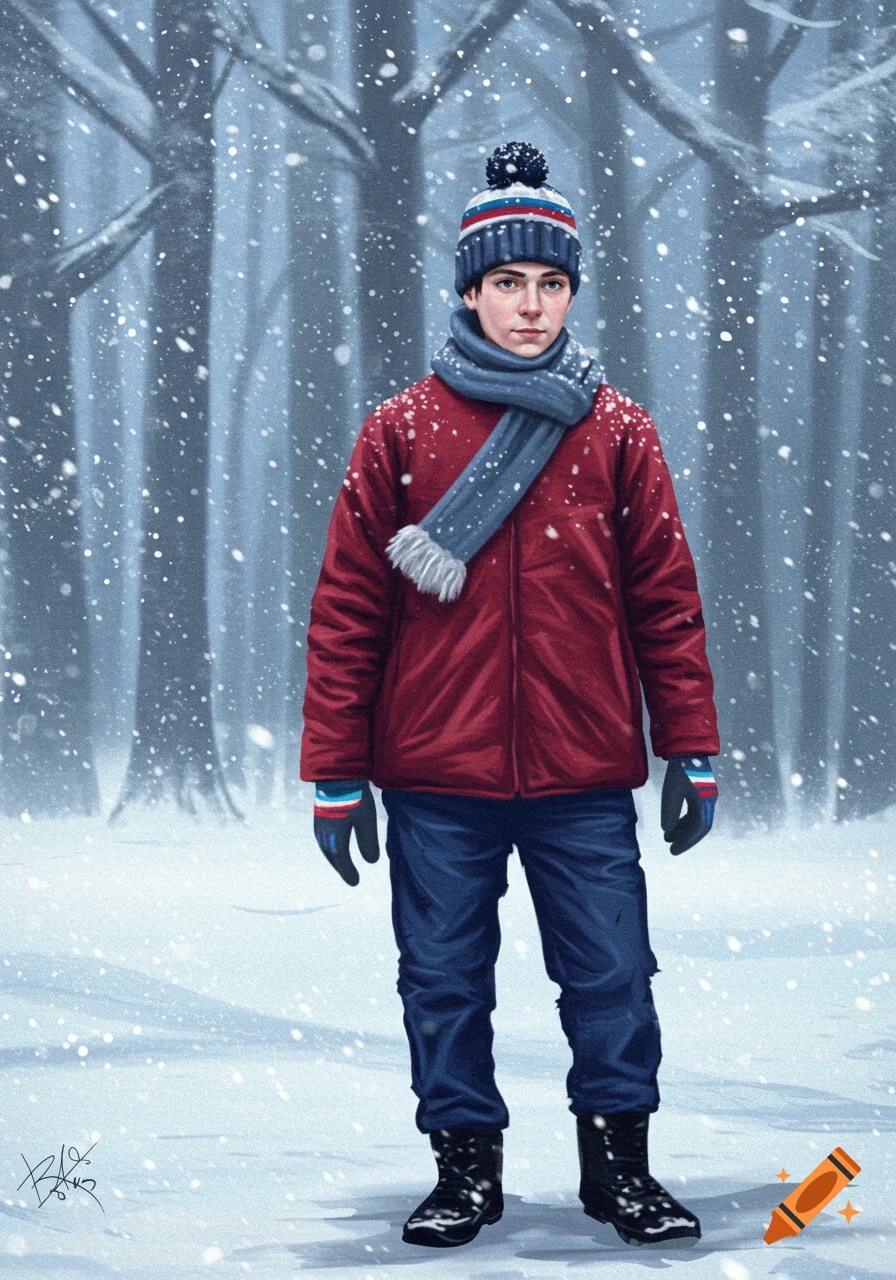 Illustration of a young person in a red jacket and hat standing in a ...