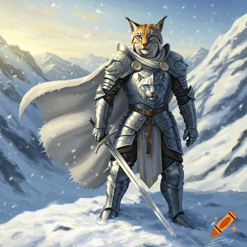 Anthropomorphic bobcat knight in detailed armor standing with a sword in a snowy mountain landscape, digital painting.