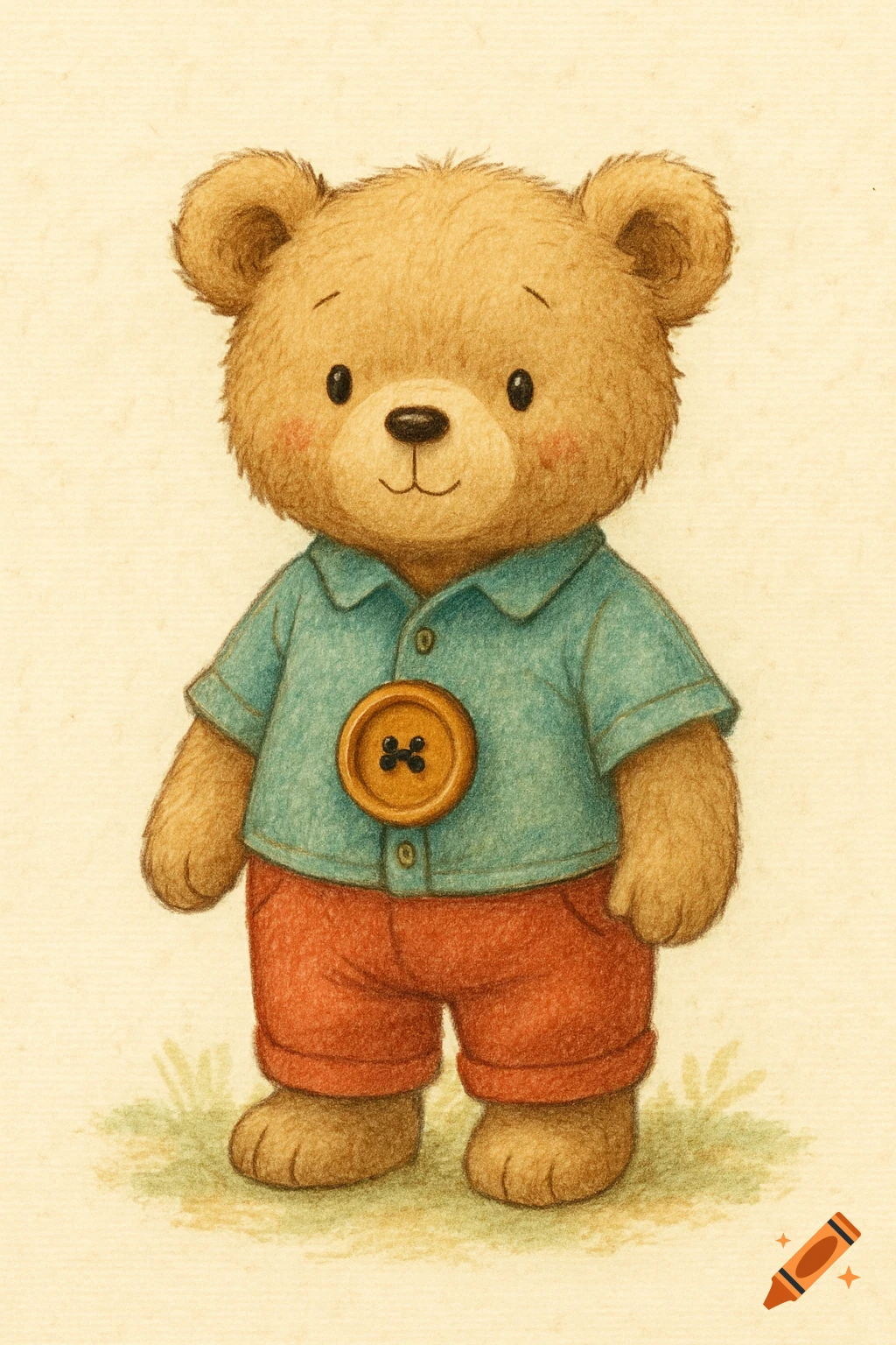A teddy bear in a blue shirt and red shorts with a large button on its tummy, illustrated in a children's book style.