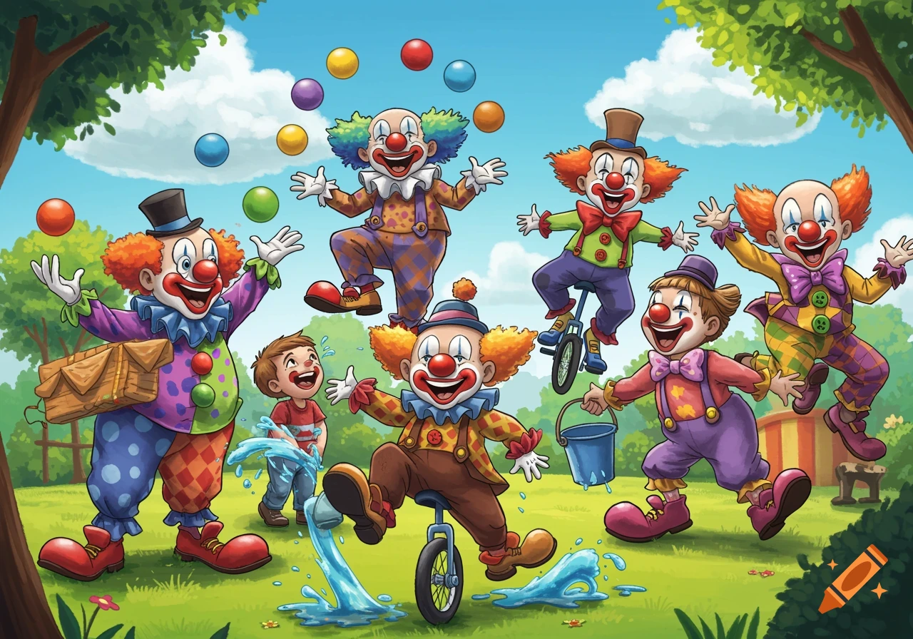 Cartoon clowns and a child juggling and playing in a park