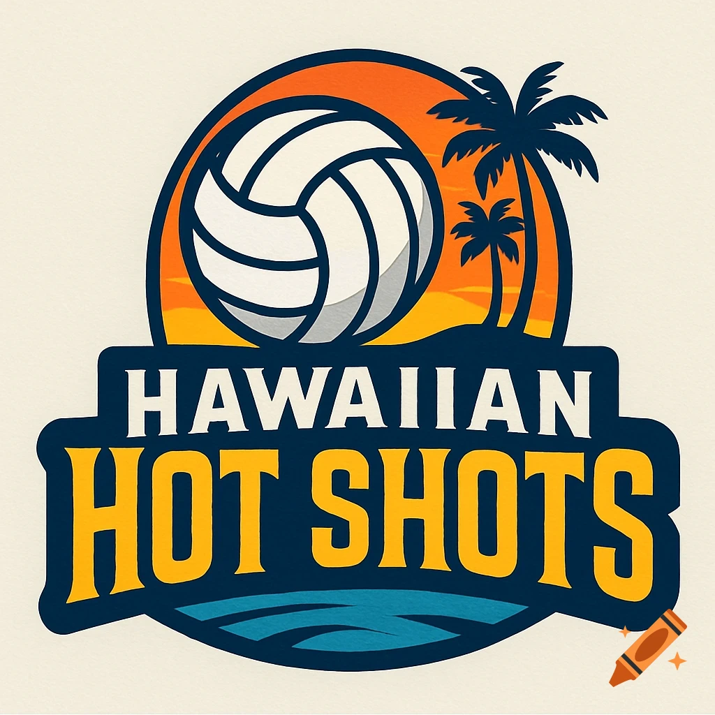 Logo for Hawaiian Hot Shots volleyball team, featuring a volleyball, palm trees, and sunset.