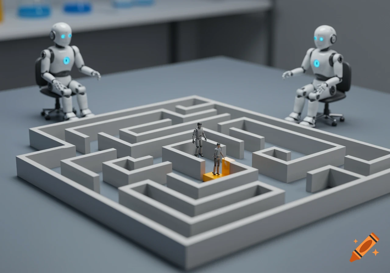Two robots watch a small human navigate a maze on a laboratory table.