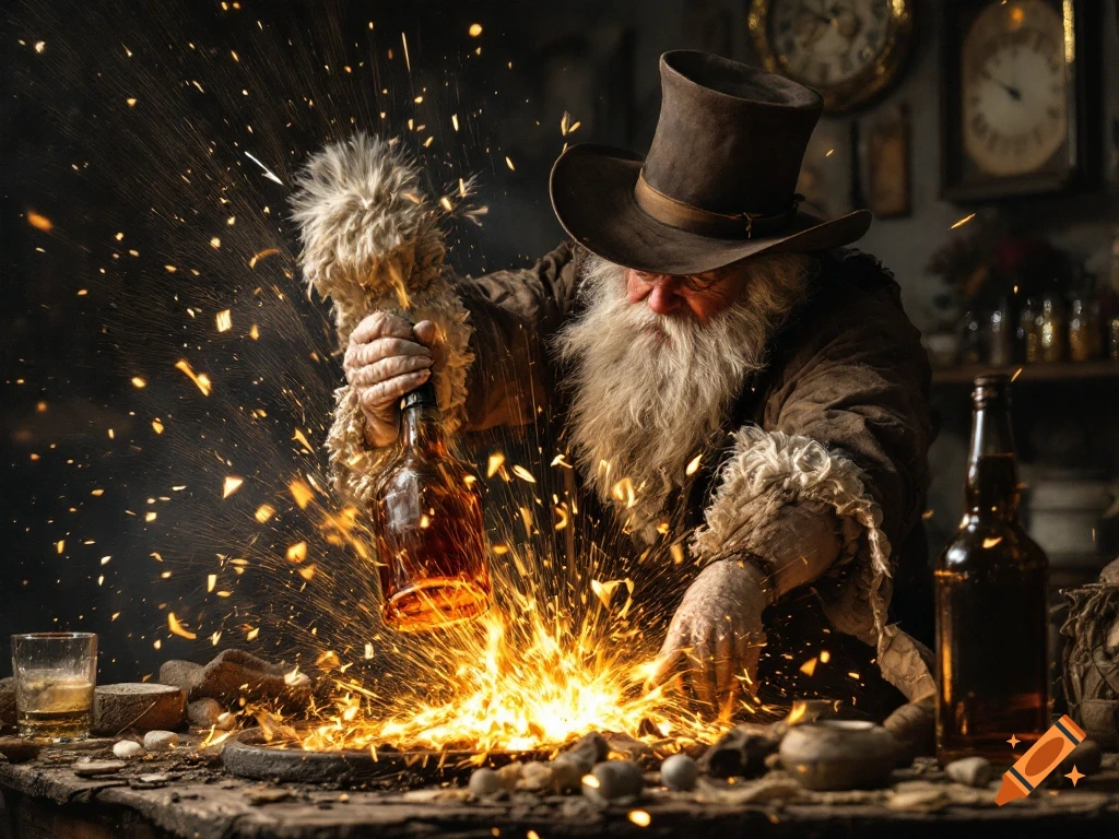 Person in a hat smashing a whiskey bottle, sparks flying, on a rustic table.