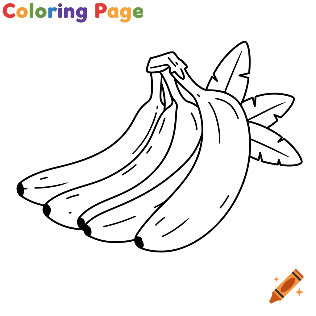 Black and white coloring page of a bunch of bananas with leaves.