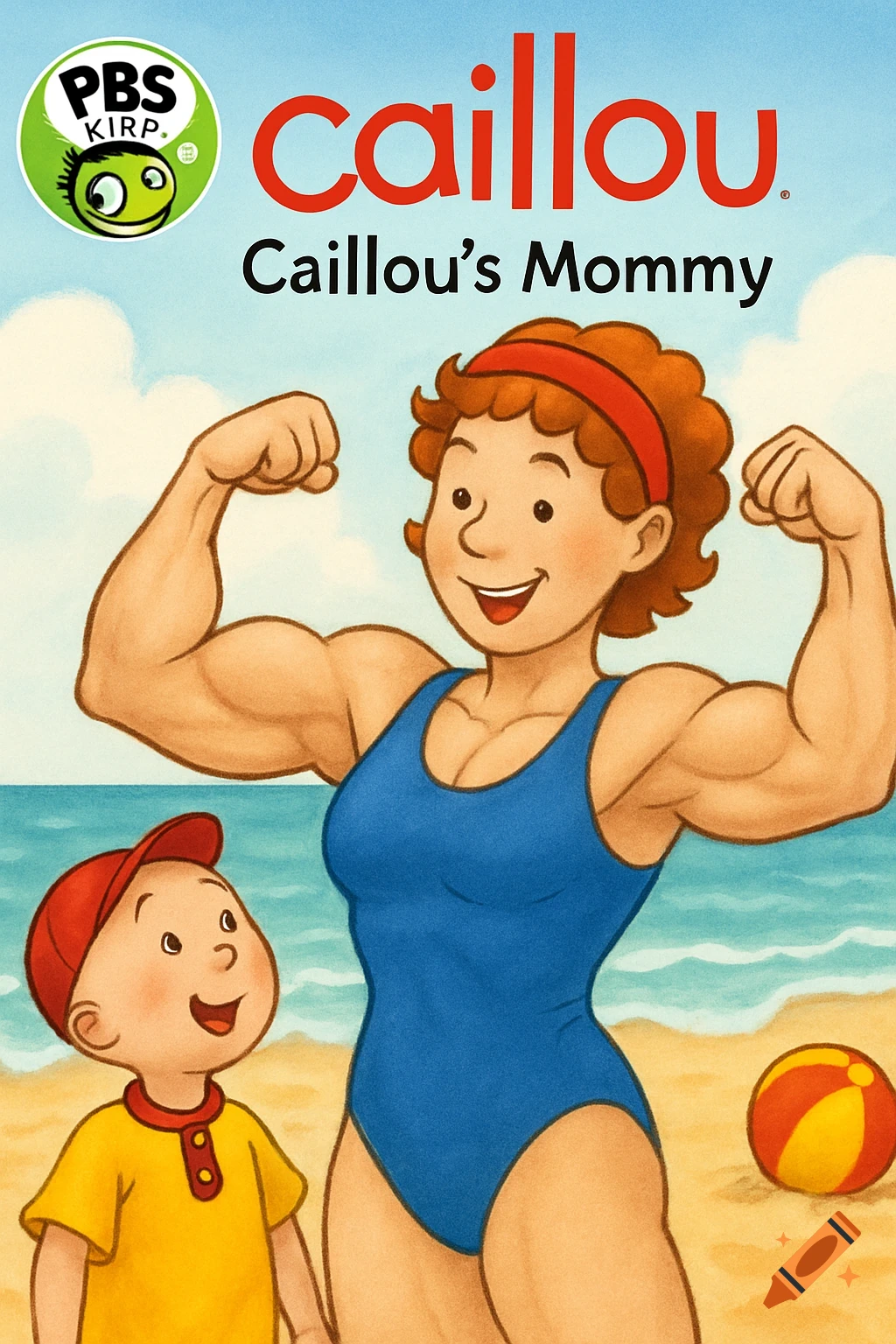 Caillou and his muscular mommy flexing on the beach, in a kids book cover style with title text.