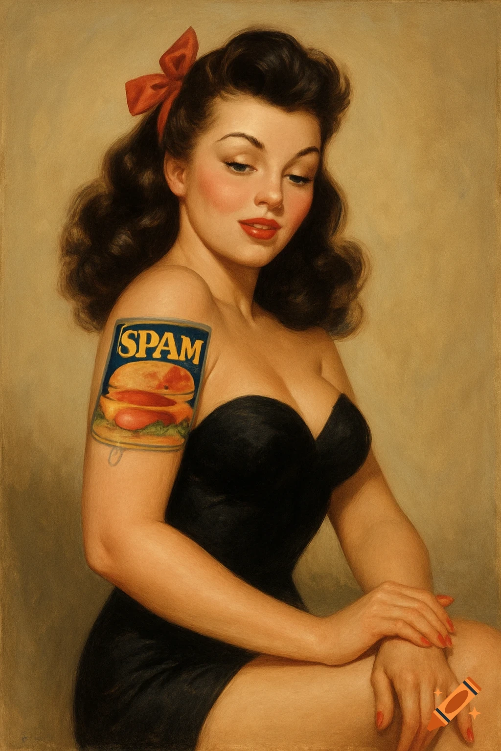 Pin-up style painting of a woman with a red bow and a SPAM can tattoo on her arm