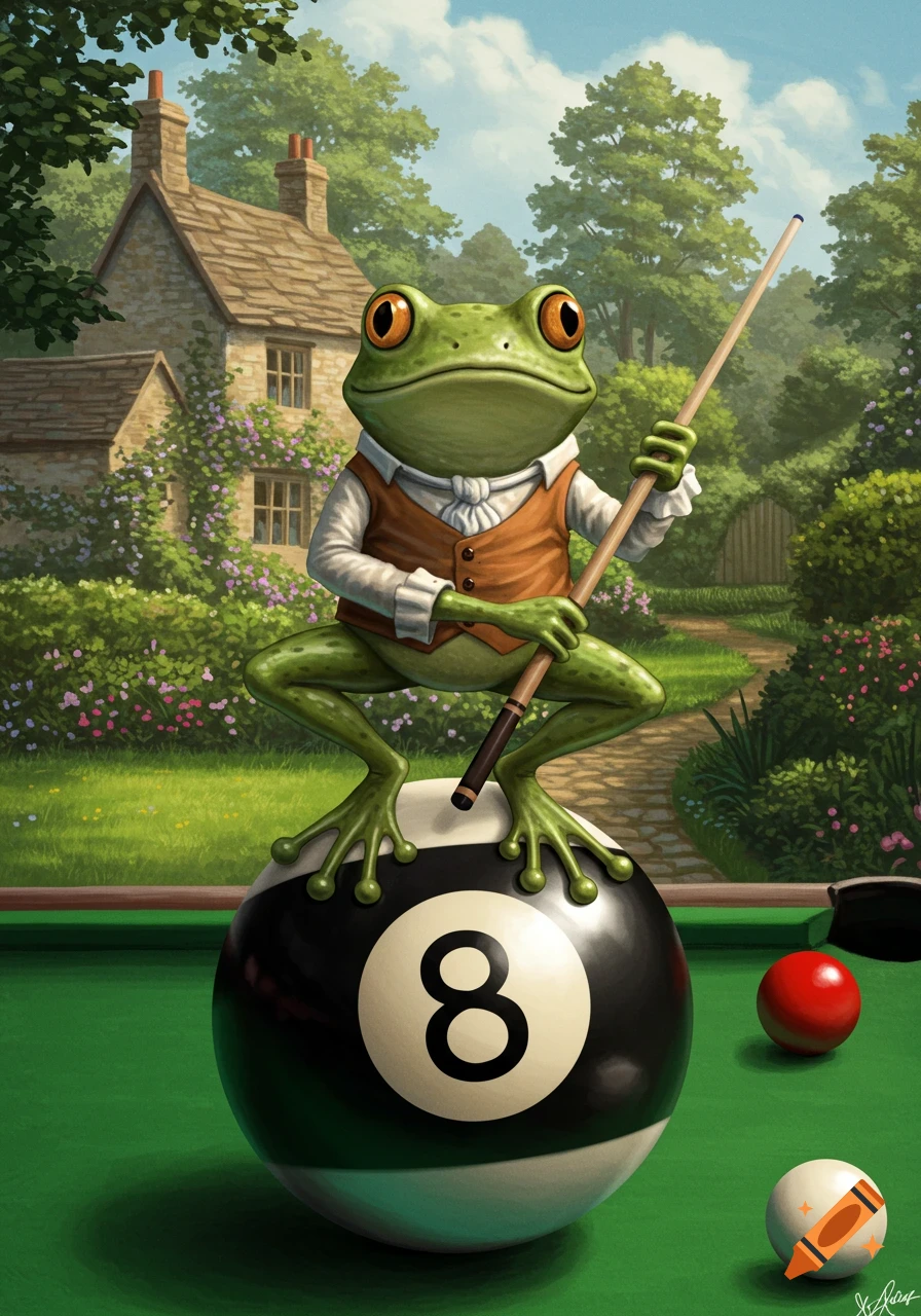 A frog wearing clothes sits on an 8-ball on a pool table, holding a cue, with an English house and garden in the background.