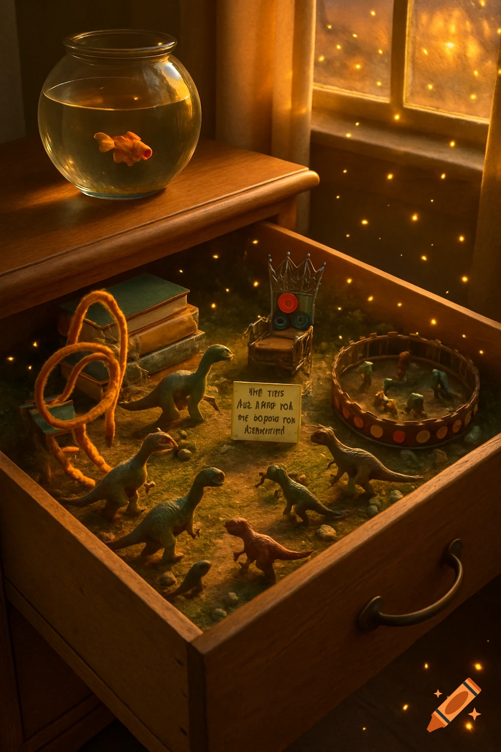 A miniature dinosaur world in an open drawer with a goldfish bowl on top, golden light filters through a window.
