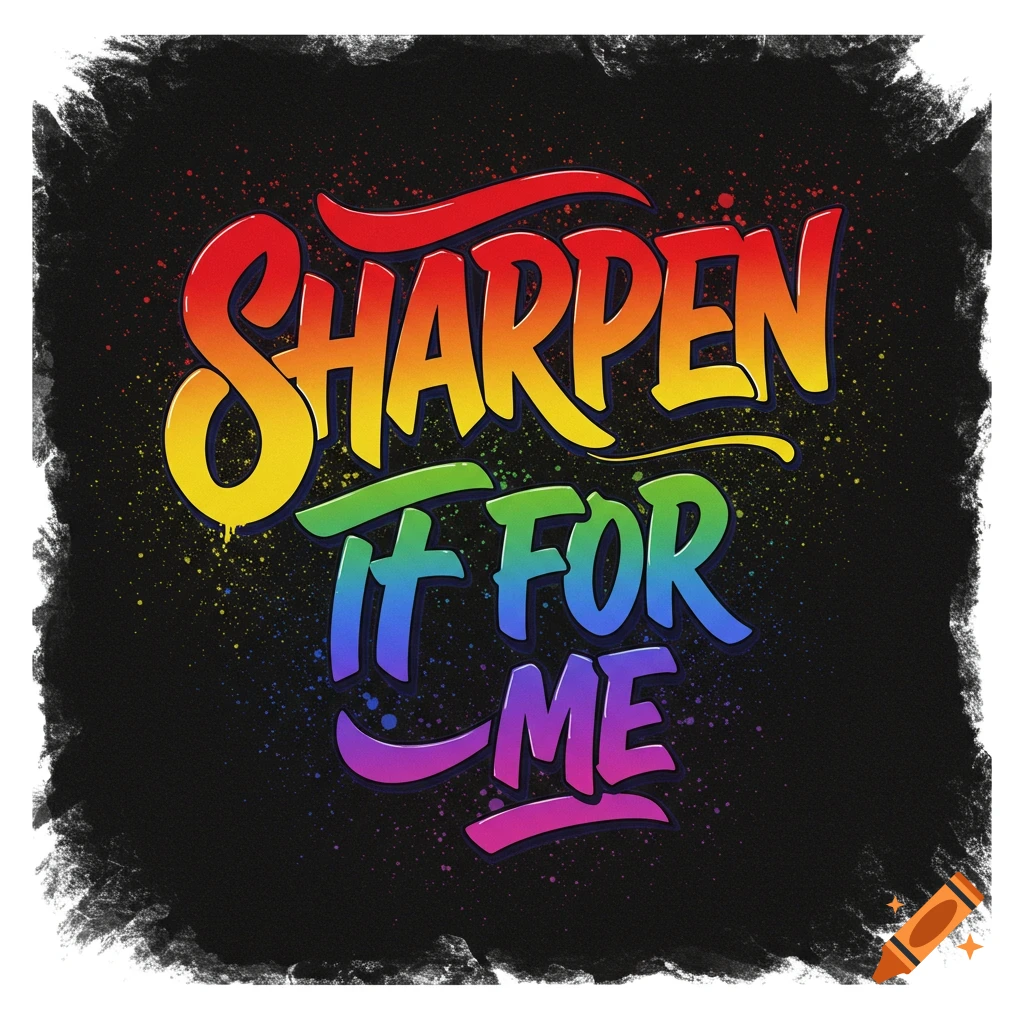 Colorful lettering 'SHARPEN IT FOR ME' on a black background with a rough border.