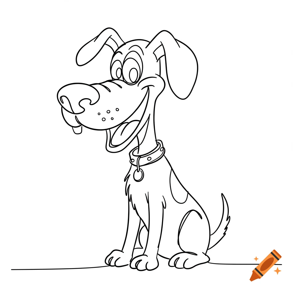 Black single line drawing of a goofy cartoon dog sitting.