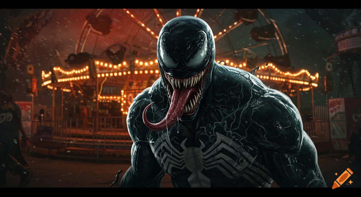 Venom stands in front of an eerie abandoned carnival at night.