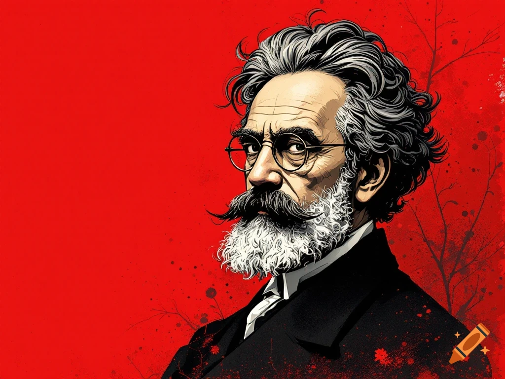 Illustration of Antonio Gramsci, a man with glasses, mustache, and beard, wearing a suit, against a red background.