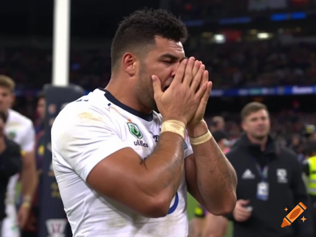A male rugby player covers his face with his hands on a field, seemingly upset.