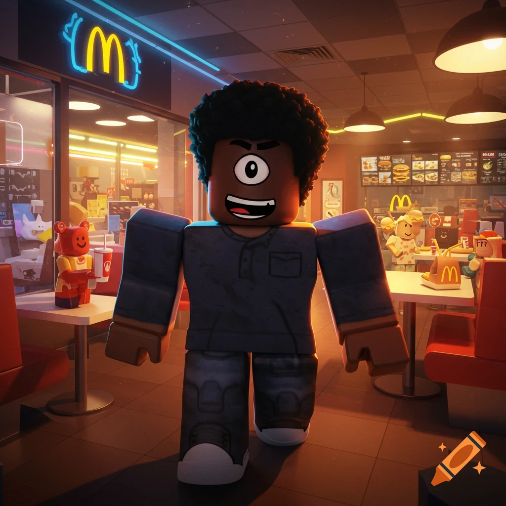 A one-eyed Roblox character stands in a McDonald's restaurant.