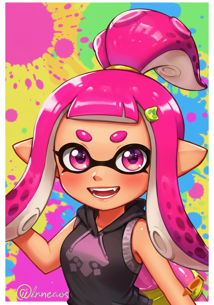 Anime portrait of Frye from Splatoon with pink tentacle hair, goggles, and a black hoodie, set against a colorful ink splash background.