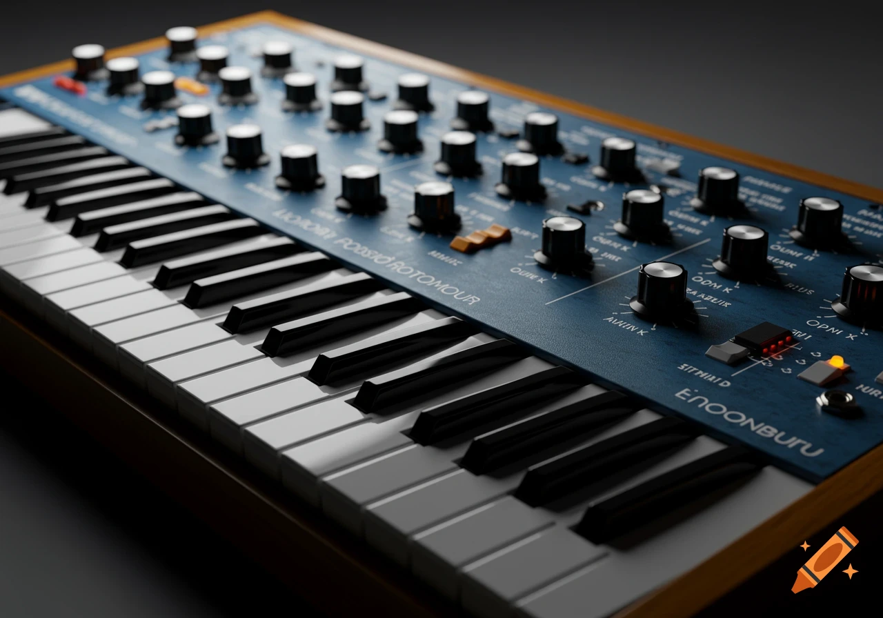 Close-up of an analog synthesizer keyboard and controls