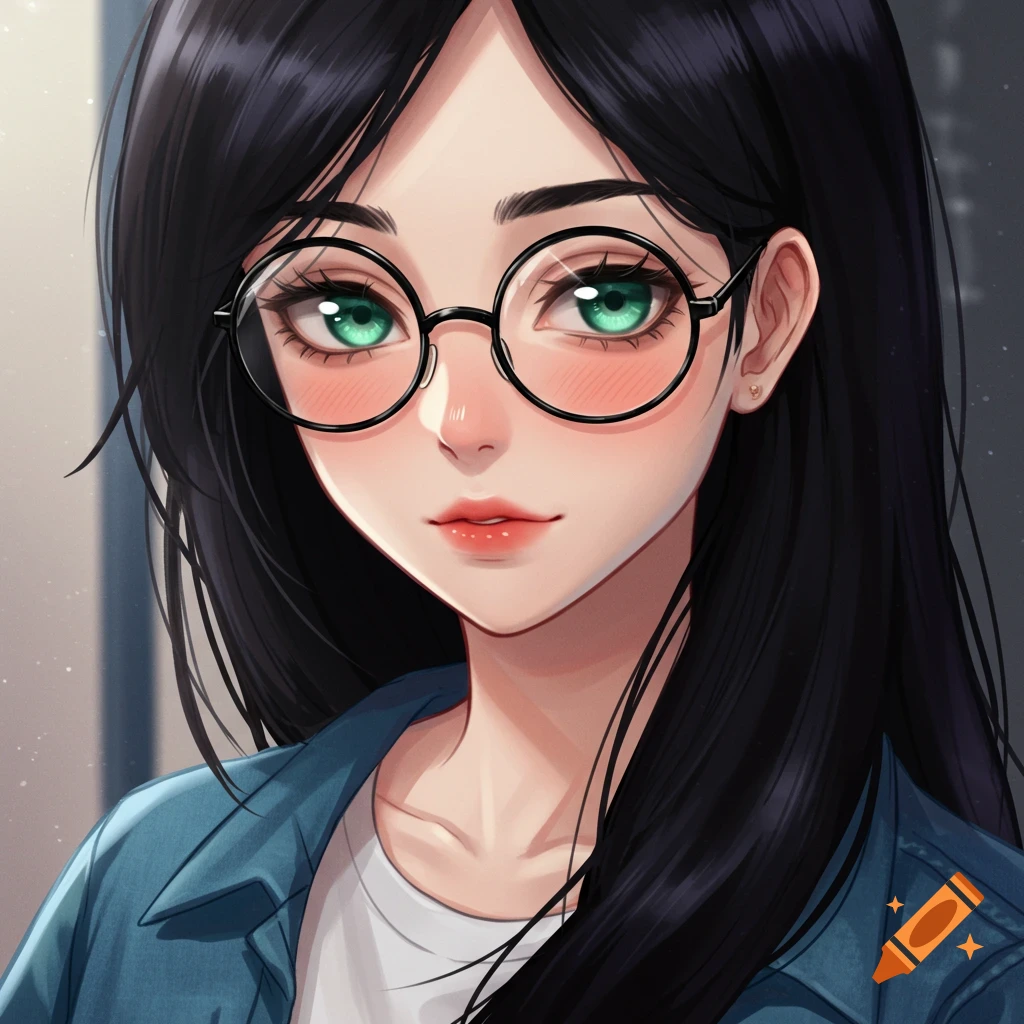 Anime portrait of a girl with black hair and glasses.