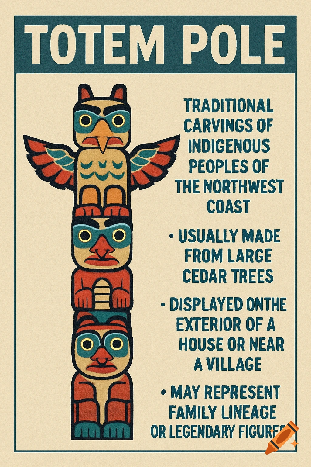 A stylized poster illustrating a totem pole and providing facts about ...