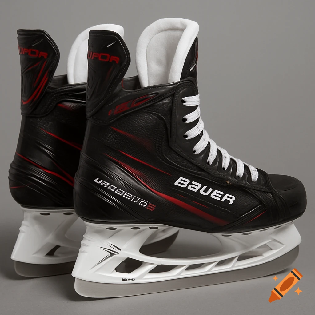 Close-up studio shot of black and red Bauer Vapor hockey skates against a gray background.