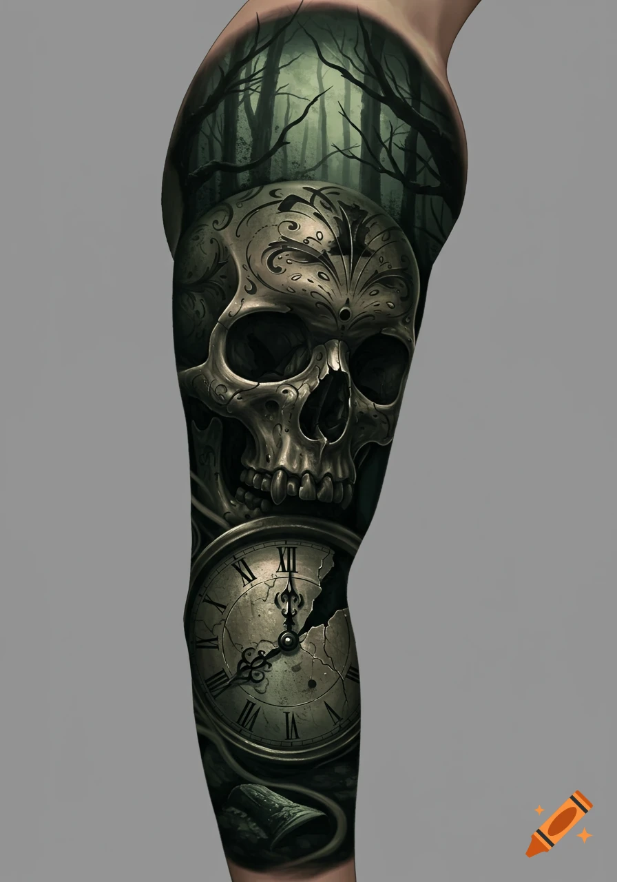 Dark fantasy tattoo sleeve design with an ornate skull, a broken clock with roman numerals, and a spooky forest background.