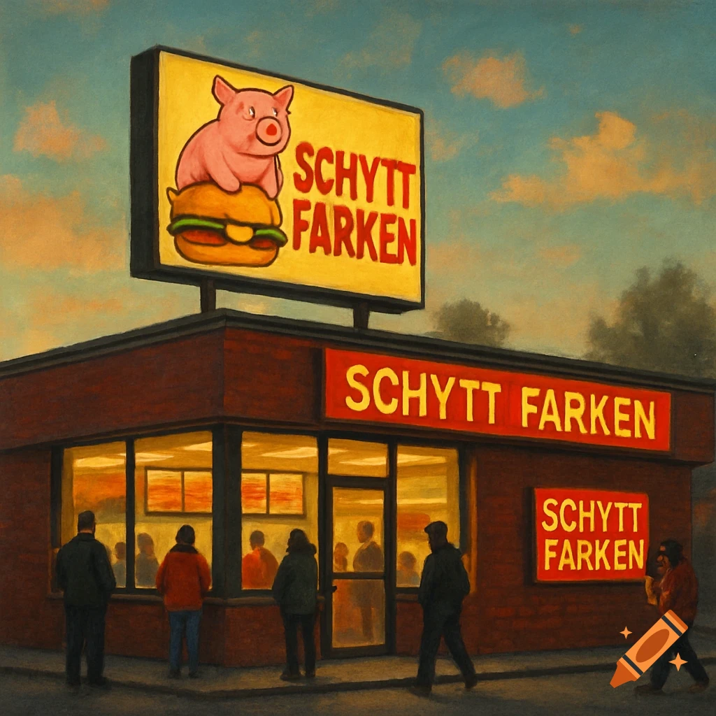 A fast food restaurant called Schytt Farken with a sign featuring a pig on a burger, people are outside and inside the building.