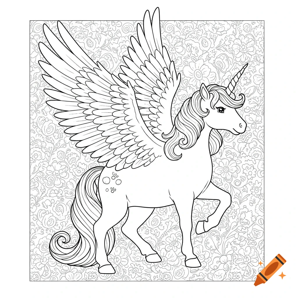 A line art coloring page of a unicorn with wings standing in front of a floral background