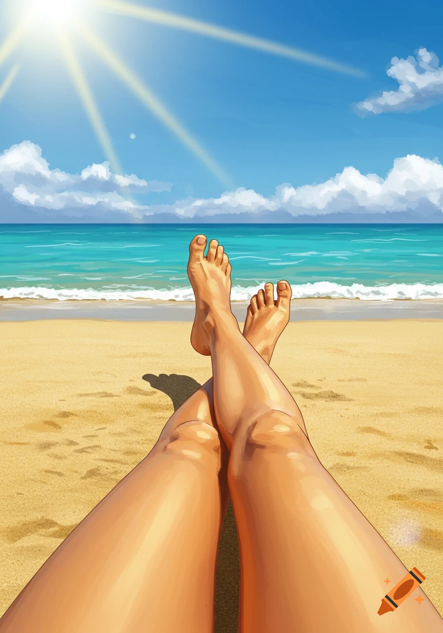 First-person view of legs crossed while relaxing on a sunny beach, looking at the ocean and sky.
