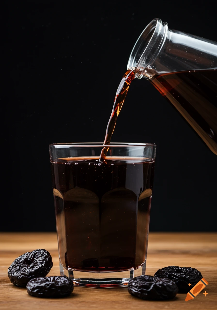 Prune juice is poured into a glass with prunes on a wooden table.