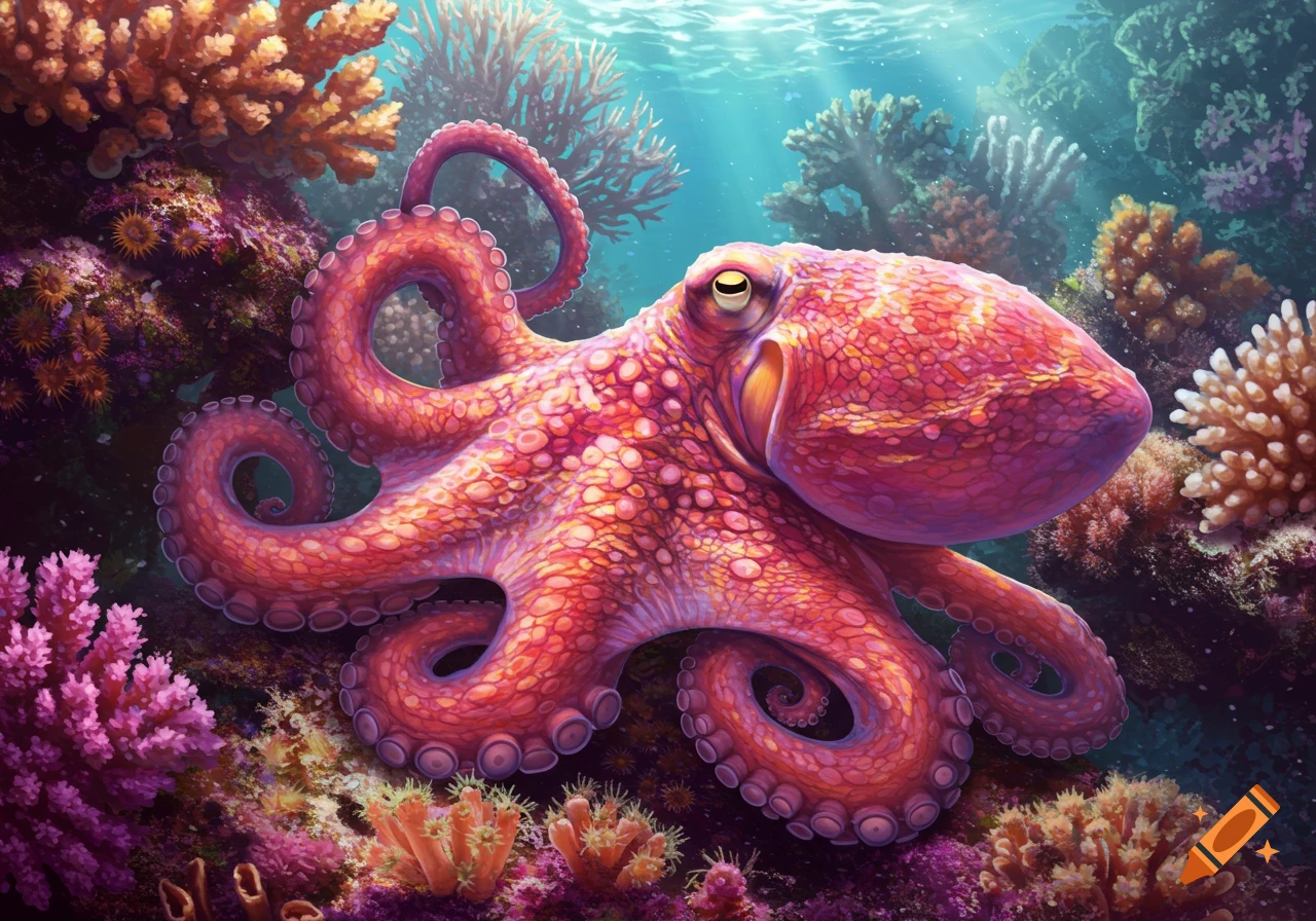 Vibrant pink octopus among colorful coral on a reef