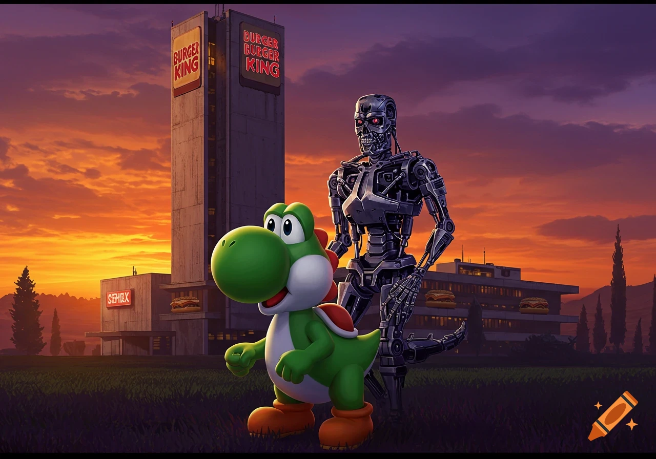 Yoshi and Terminator standing in front of a building with Burger King signs at sunset.