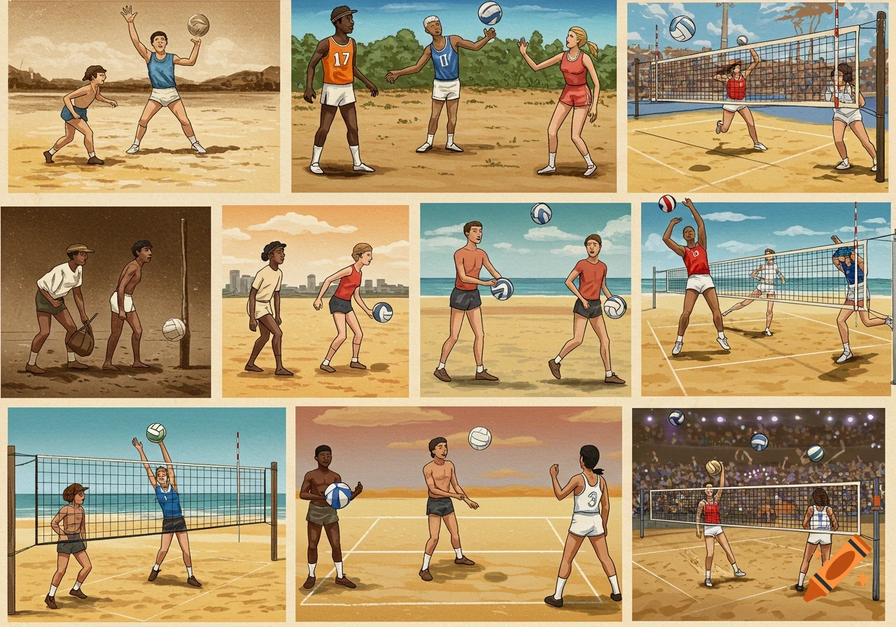 A grid of illustrated panels showing people playing volleyball in different settings, including beach and indoor courts, in a stylized, retro aesthetic.