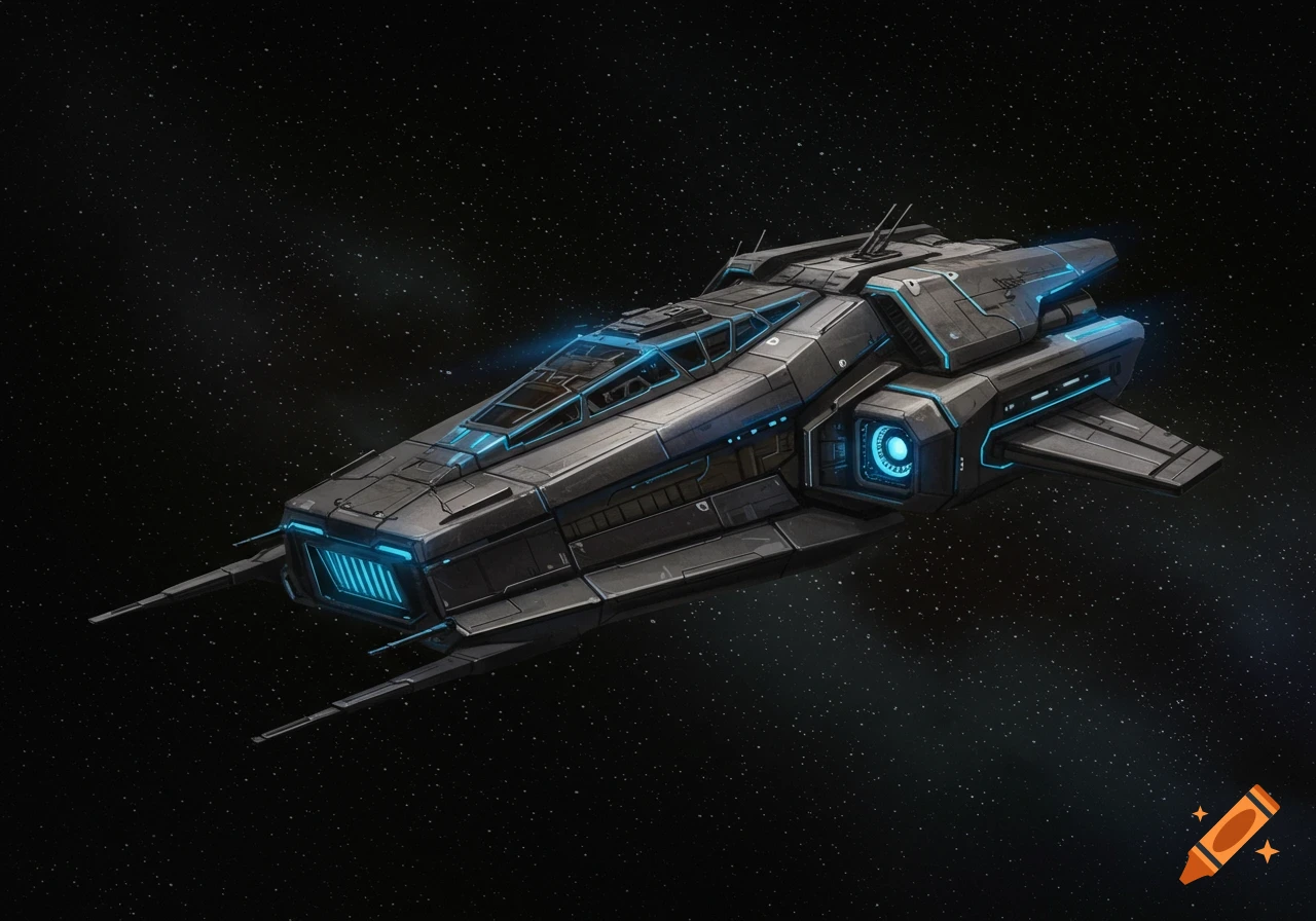 A detailed grey spaceship with blue lights flying through space.