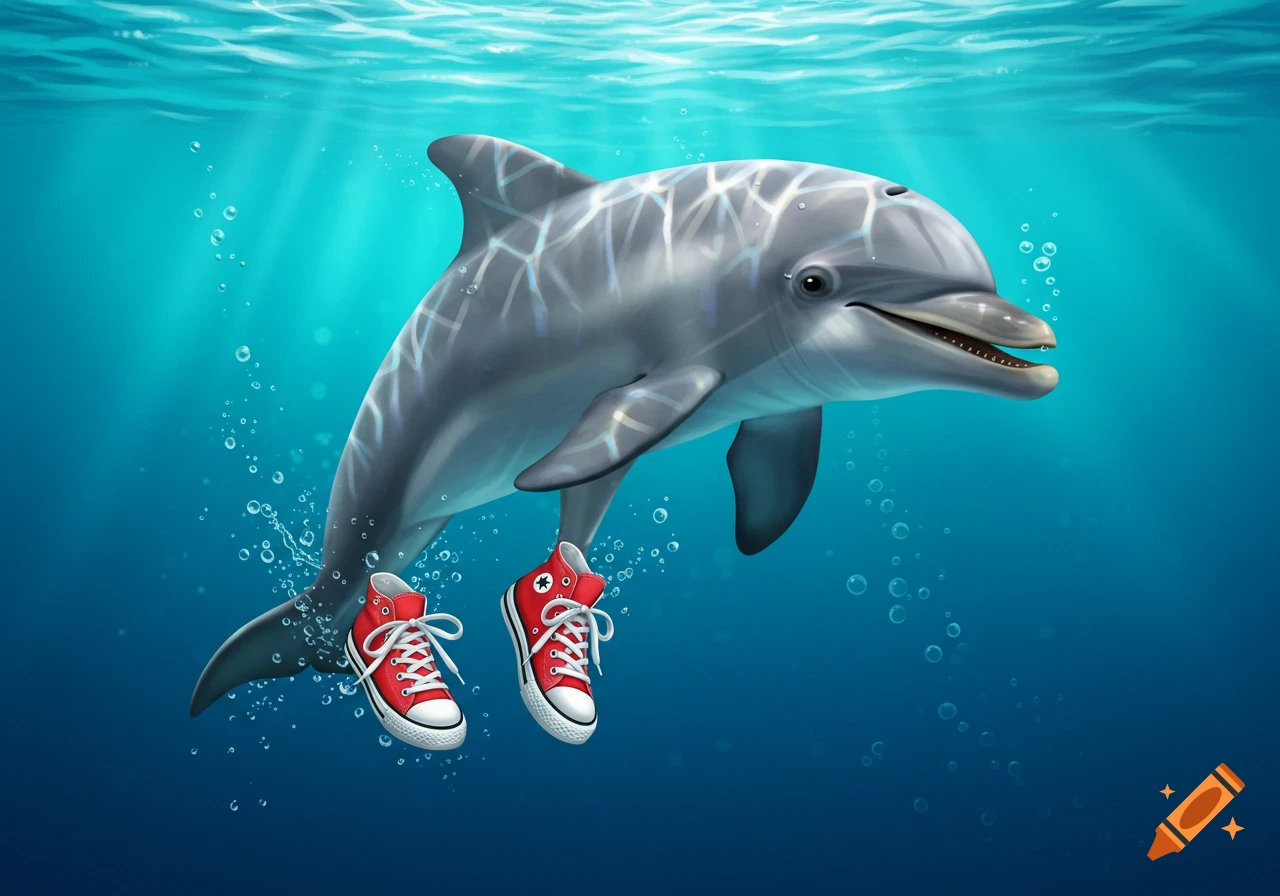 A dolphin swims underwater wearing red high-top sneakers.