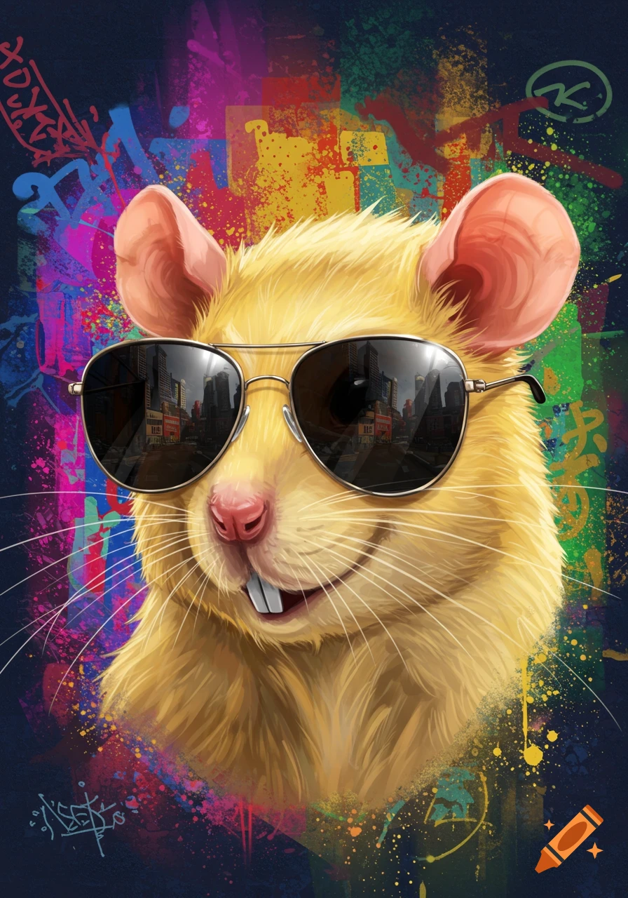 A yellow rat wearing aviator sunglasses smiles against a dark background with colorful graffiti art.
