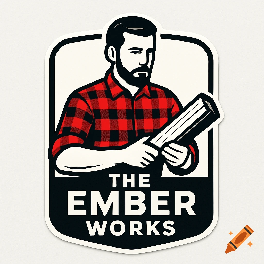 A sticker illustration of a man in a red plaid shirt holding wood with 'The Ember Works' text.