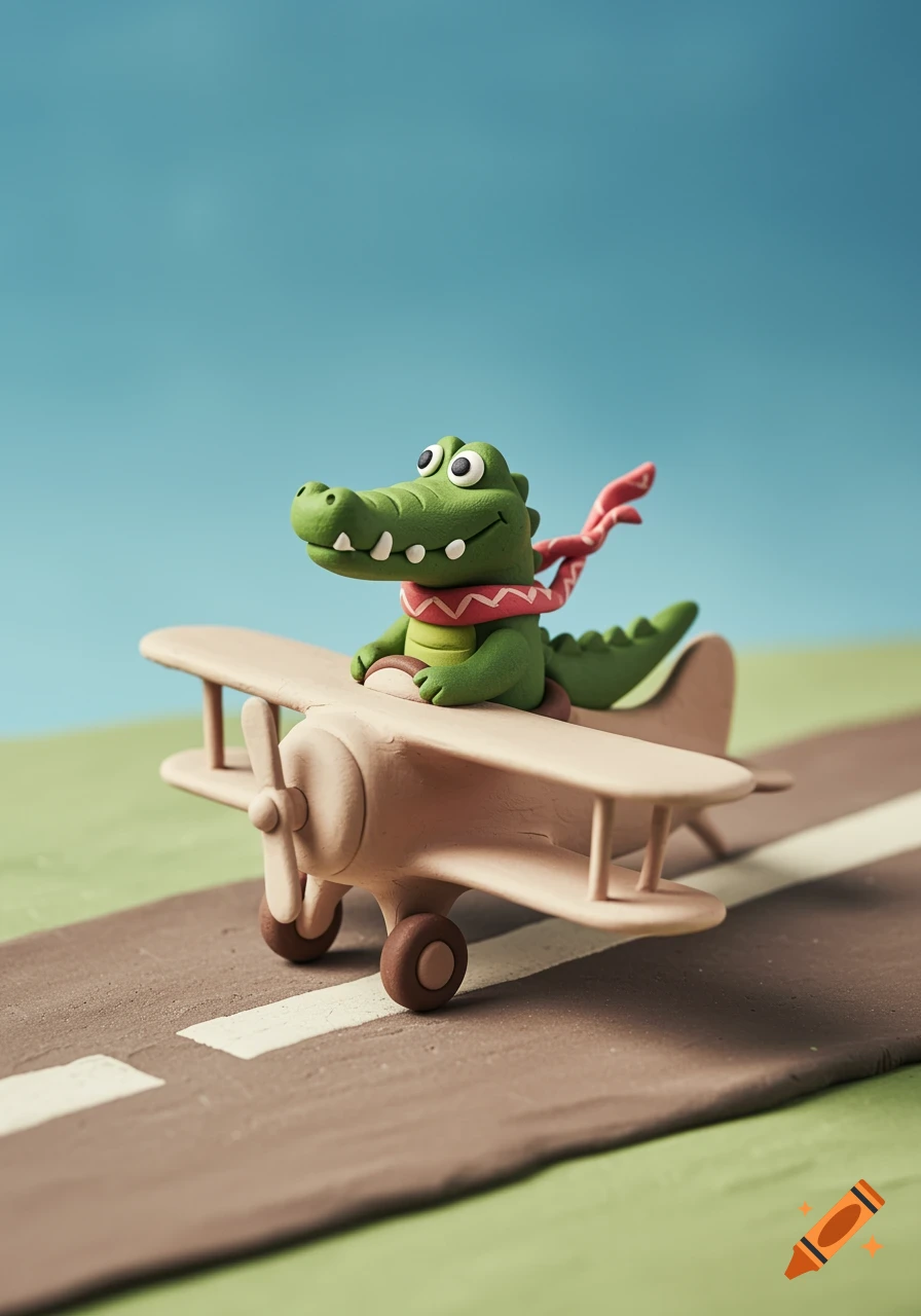 Clay model of a happy crocodile in a toy biplane on a runway diorama.