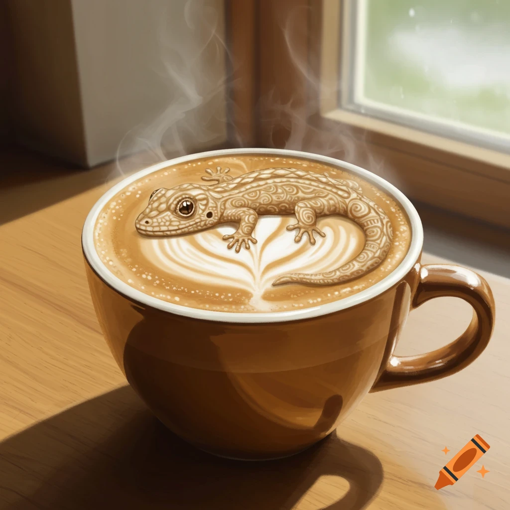 Latte art of a gecko in a coffee cup on a table