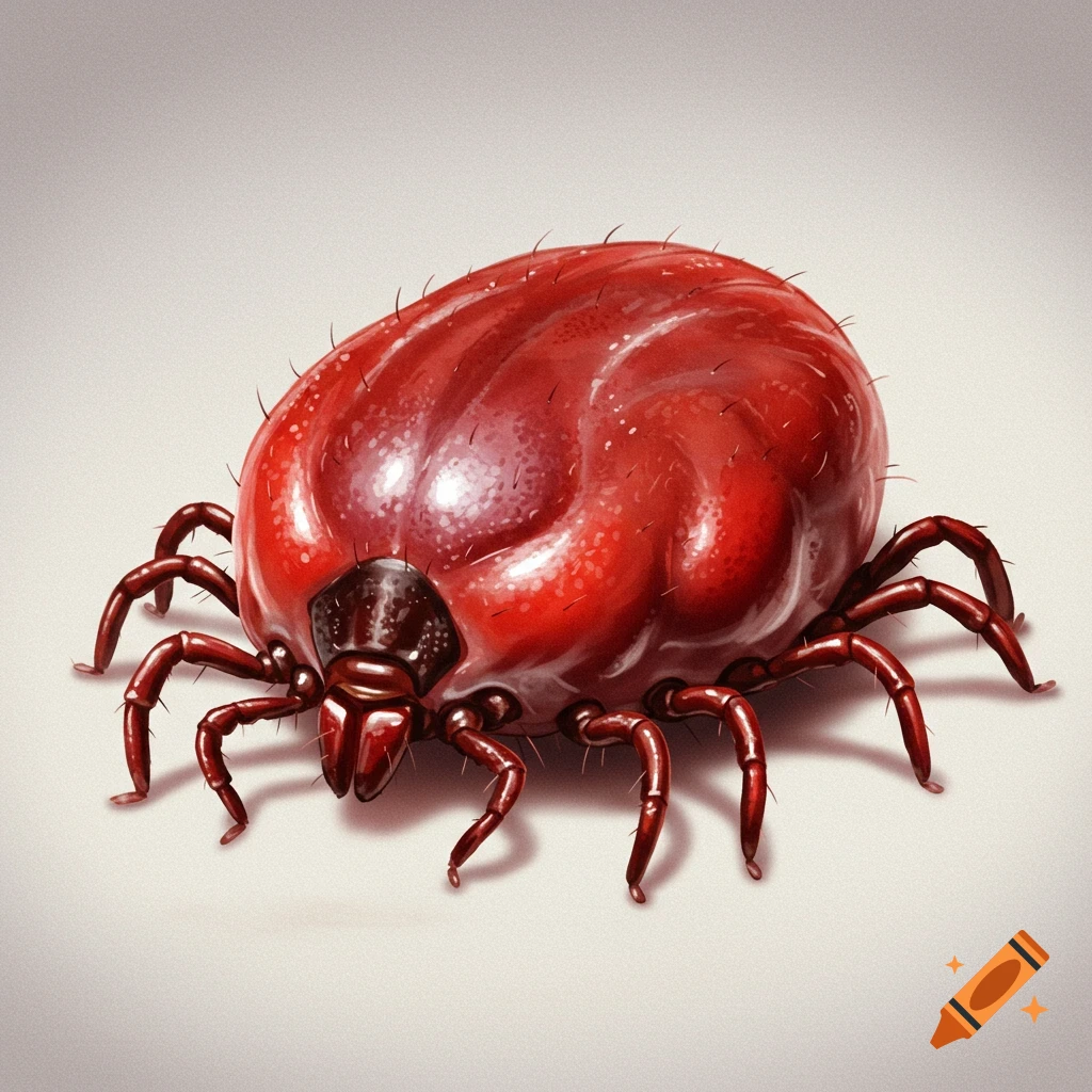A close-up illustration of a engorged red tick with eight legs.