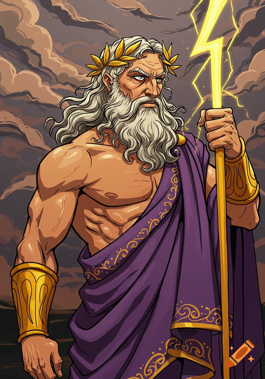 Illustration of Zeus holding a lightning bolt against stormy clouds.
