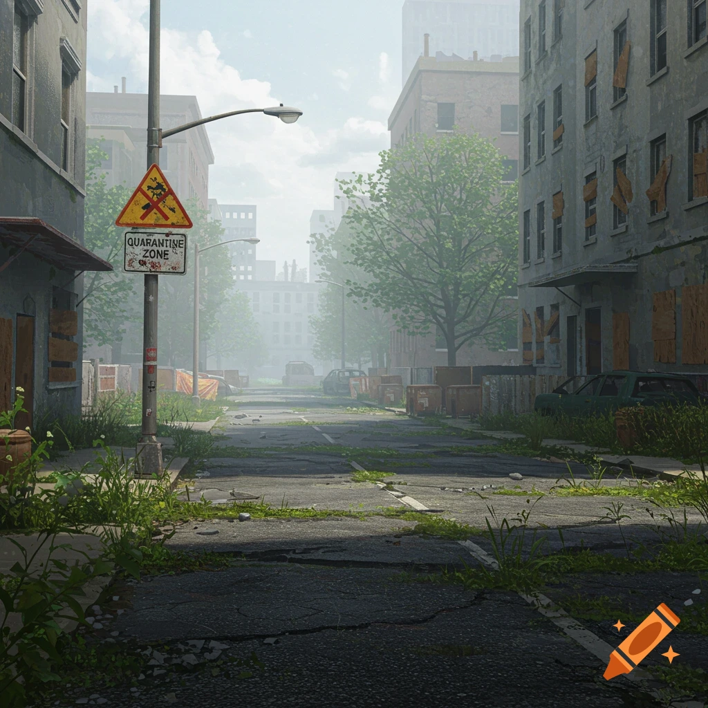 Overgrown street in an abandoned city with a 'Quarantine Zone' sign.