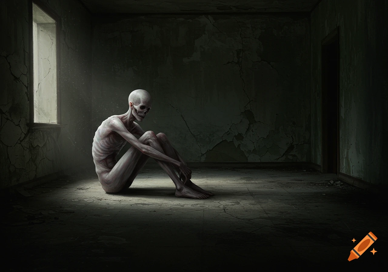 Skeletal figure sits alone in a dark, abandoned room by a window.