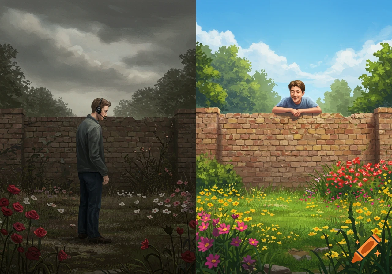An illustration shows a split image: a man with a headset in a dark, withered garden, and a man smiling over a wall from a bright, lush garden.